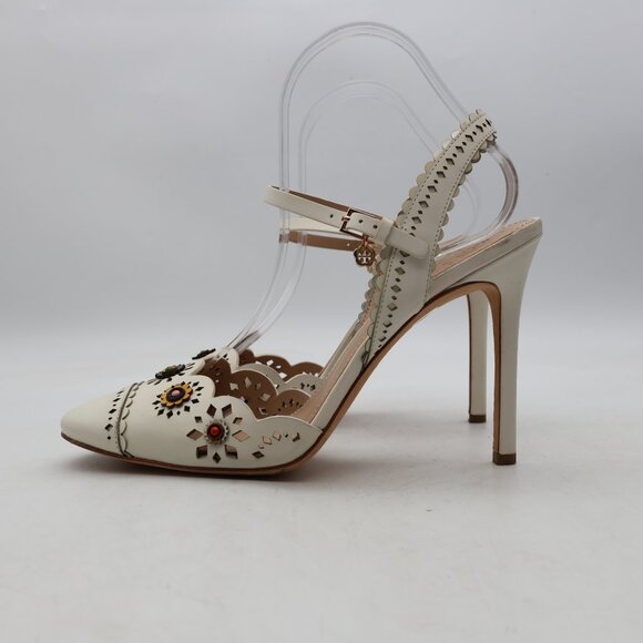Tory Burch Marguerite Perforated Slingback Heels Women's Size 8.5 Ivory Floral - Picture 4 of 12
